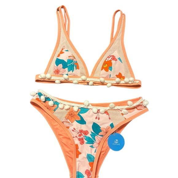 CUPSHE Kamila Floral Pom-Pom Trim Bikini Size S NWT - Picture 4 of 7